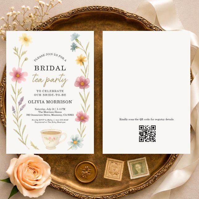 Wildflower Tea Floral QR Code Bridal Shower  Einladung (Von Creator hochgeladen)