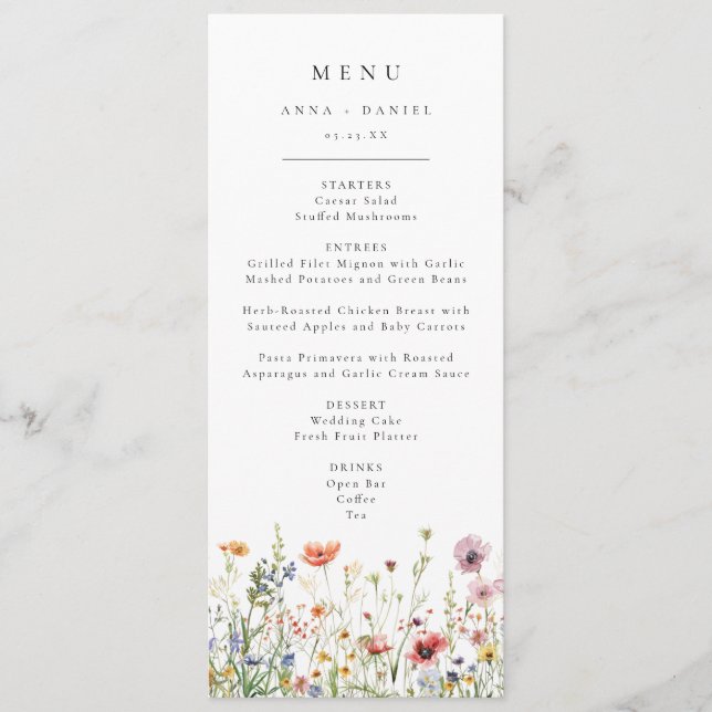 Wildflower Wedding Menu Menükarte (Vorderseite)