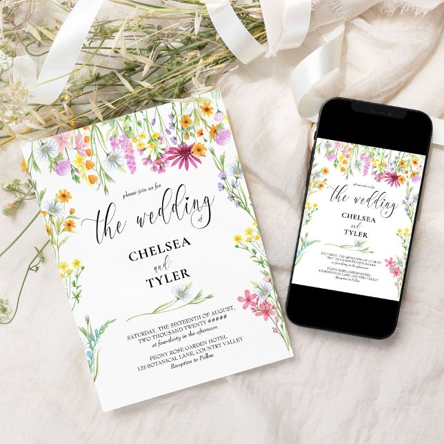 Wildflower Wedding Pretty Wild Flower Floral Einladung (Floral wedding invitations with pretty wild flower design and elegant calligraphy)
