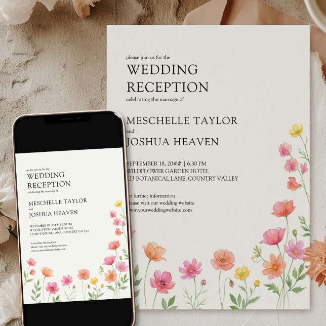 Wildflower Wedding Reception Pink Orange Floral Einladung (Wedding Reception Invitation available professionally printed or as a printable digital download)