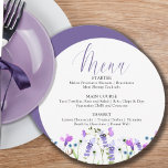 Wildflower Wedding Shower Purple Wildflower Menükarte<br><div class="desc">Wildflower menu for your wedding, bridal shower or other event. Delicate and feminine botanical design is hand lettered with "Menu" in elegant script calligraphy. It has a pretty border of watercolor wild flowers in shades of lilac, lavender, purple, pink and blue. A dainty modern floral with girly, bohemian cottage garden...</div>