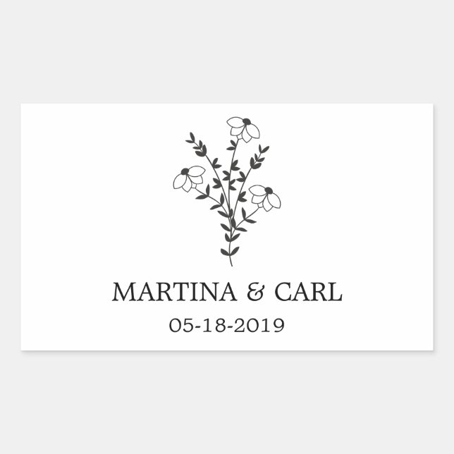 Wildflowers and Branches Wedding Monogram in Black Rechteckiger Aufkleber (Vorderseite)