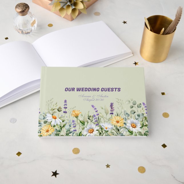 Wildflowers Border Yellow White Purple Wedding Gästebuch (Vorderseite Offen)