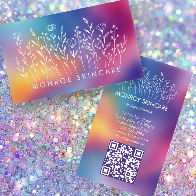 Wildflowers Elegant LineArt Custom QR Code Rainbow Visitenkarte (Wildflowers Elegant LineArt Custom QR Code Rainbow Business Card
)