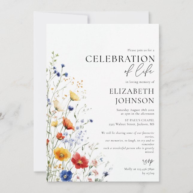 Wildflowers Floral Celebration of Life Funeral Einladung (Vorderseite)