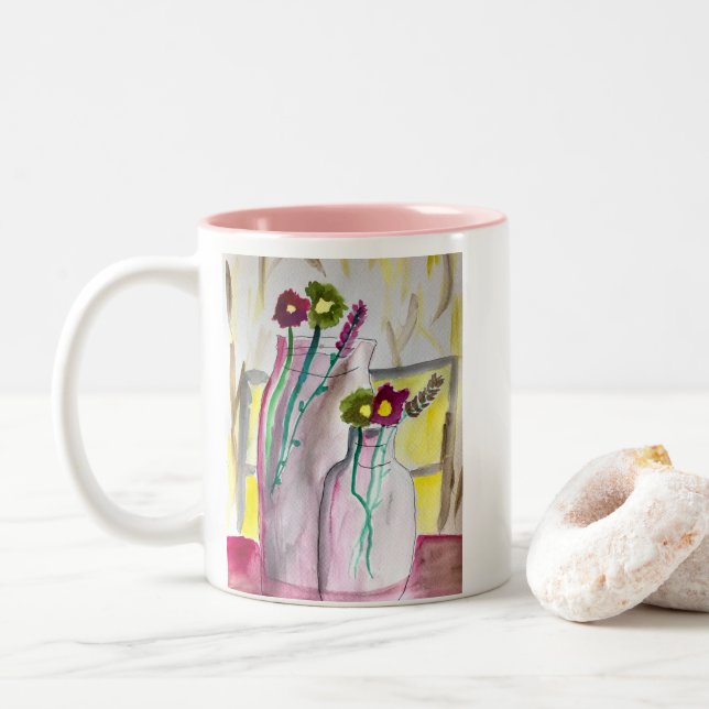 Wildflowers in vase abstract art zweifarbige tasse (Mit Donut)
