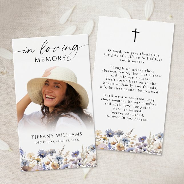 Wildflowers Loving Memory Cross Photo Prayer Card (Créateur téléchargé)