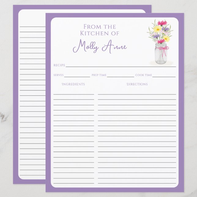Wildflowers Mason Jar Purple Country Recipe Sheets (Vorne/Hinten)
