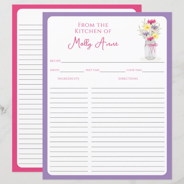 Wildflowers Mason Jar Purple & Pink Recipe Sheets (Vorne/Hinten)