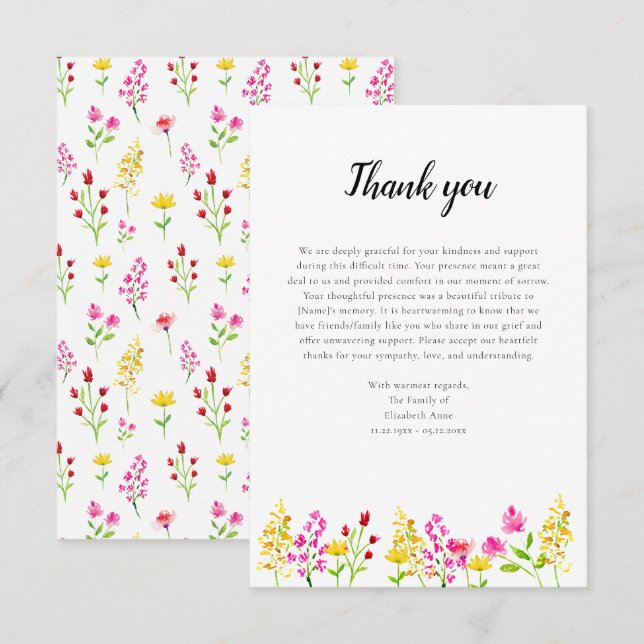 Wildflowers Script Funeral Thank you Watercolor Dankeskarte (Vorne/Hinten)