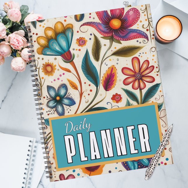  Wildflowers & Wonder Vintage Folk Art Blooms  Planer (Vintage folk art floral daily planner with vibrant wildflowers; colorful office supplies.)