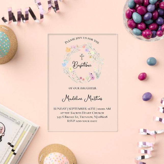  wildflowers wreath Baptism Invitation Acryleinladungen (Insitu (Feier))