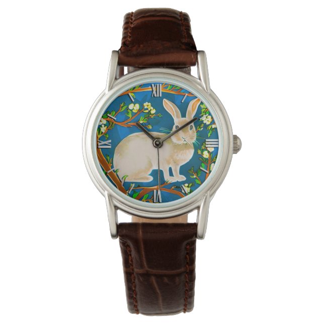 Wildkaninchen und blühende Branchen Armbanduhr (Vorderseite)