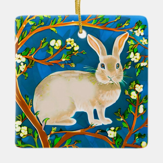 Wildkaninchen und blühende Branchen Keramikornament (Vorderseite)