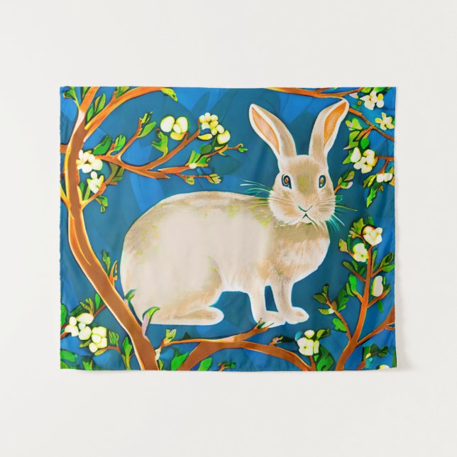 Wildkaninchen und blühende Branchen Wandteppich (Vorderseite (Horizontal))
