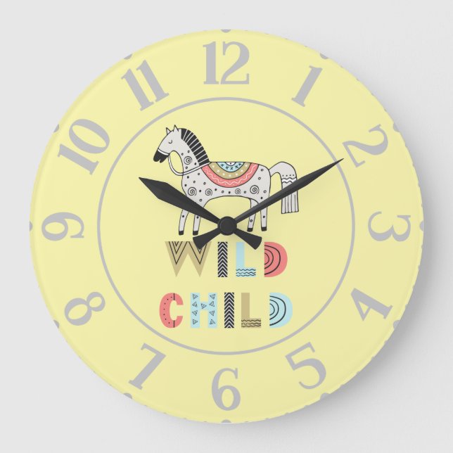 Wildkinder-Skandinavier Pferdepadel Gelb Große Wanduhr (Vorderseite)