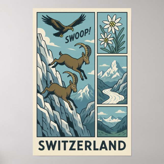 Wildlife-Comic Schweizer Alpen Poster (Vorne)