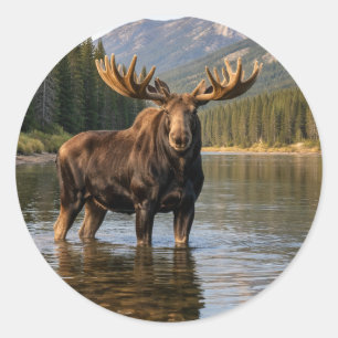 Wildlife Elch Berg Fluss Runder Aufkleber