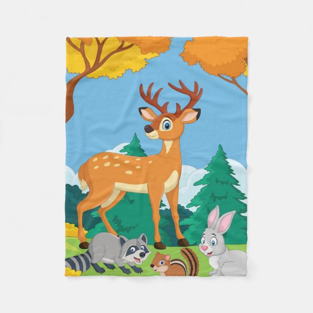 Wildlife Raccoon Chipmunk Rabbit Deer Fall Landsca Fleecedecke (Vorderseite)