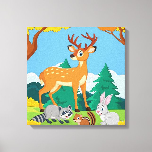 Wildlife Raccoon Chipmunk Rabbit Deer Fall Landsca Leinwanddruck (Vorderseite)