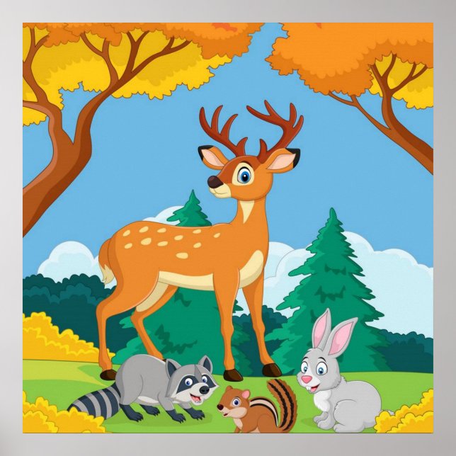 Wildlife Raccoon Chipmunk Rabbit Deer Fall Landsca Poster (Vorne)