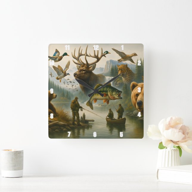Wildlife Scene Grand Outdoor Sportsman's Life Quadratische Wanduhr (Zuhause)
