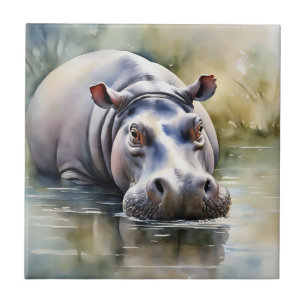 Wildlife Serenity Watercolor Hippo Fliese