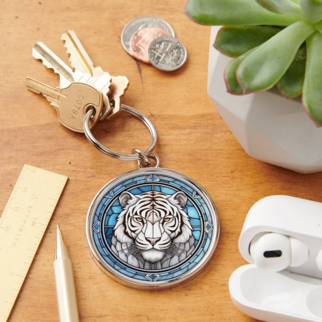 Wildlife White Tiger verkettetes Glas Schlüsselanhänger (Schreibtisch)