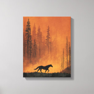 Wildpferd-Feuerlicht-Wald-Silhouette-Kunst Leinwanddruck