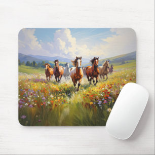 Wildpferde laufen auf einer Blumenwiese Mousepad