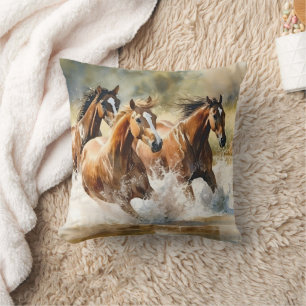Wildpferde laufen braun schwarze Aquarellmalerei Kissen