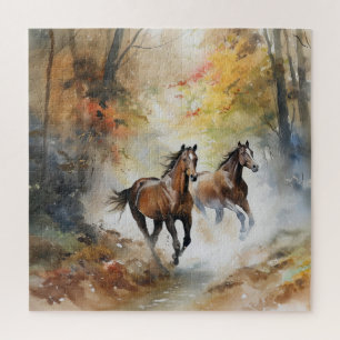 Wildpferde laufen durch den Wald Aquarell