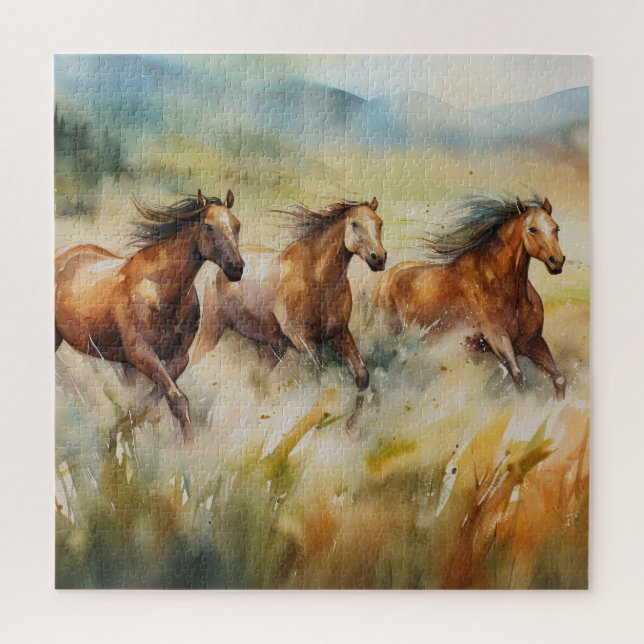 Wildpferde laufen durch grüne Felder Aquarell (Vertikal)