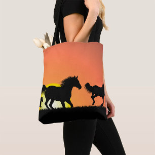 Wildpferde-Sonnenuntergangs-Silhouette Tasche