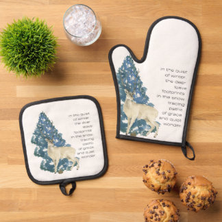 Wildtier-Fußspuren im Schnee – Winter-Naturkunst Ofenhandschuh & Topflappen-Set