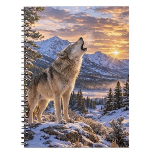 Wildtier Heulender Grauer Wolf Berg Sonnenuntergan Notizblock