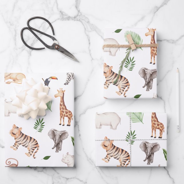 Wildtier mit Dschungelbaum-Muster Geschenkpapier Set (Vorderseite)