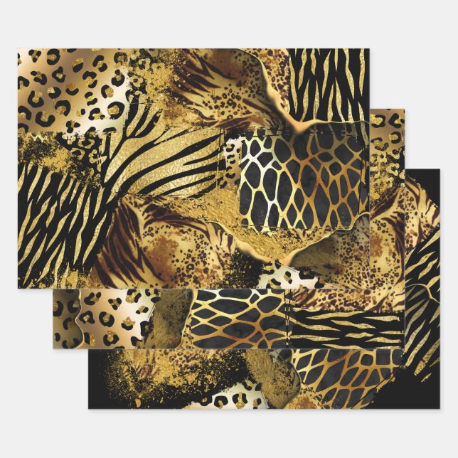 Wildtier Safari-Skin-Muster Gold Schwarz Geschenkpapier Set (Set)