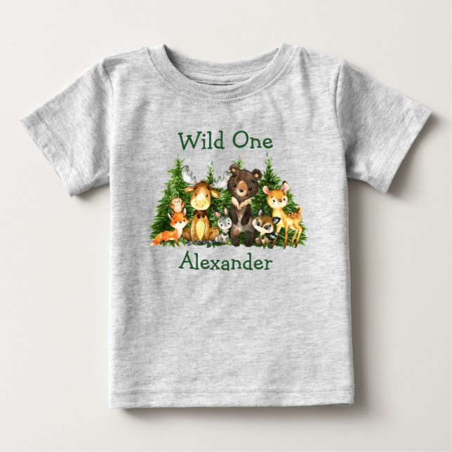 Wildtiere, 1. Geburtstag, Bäume, Graue Baby T-shirt (Vorderseite)