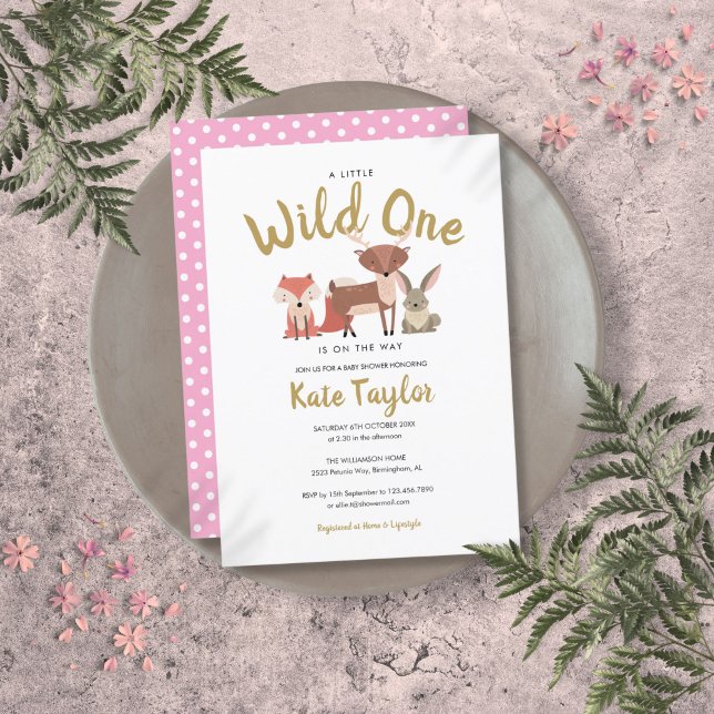 Wildtiere 1 Woodland Tiere Rosa Kinderdusche Einladung (Wild One Woodland Animals Pink Baby Shower Invitation)