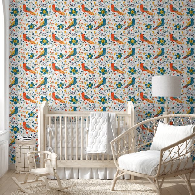 Wildtiere farbenfrohe Vögel und Blume Grün Blau Tapete (Kinder)