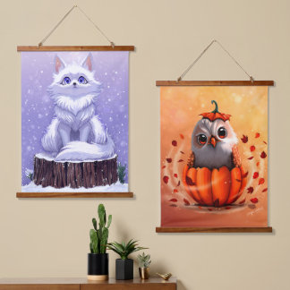Wildtiere Herbst bis Winter: Eule & Fuchs Wandteppich Mit Holzrahmen