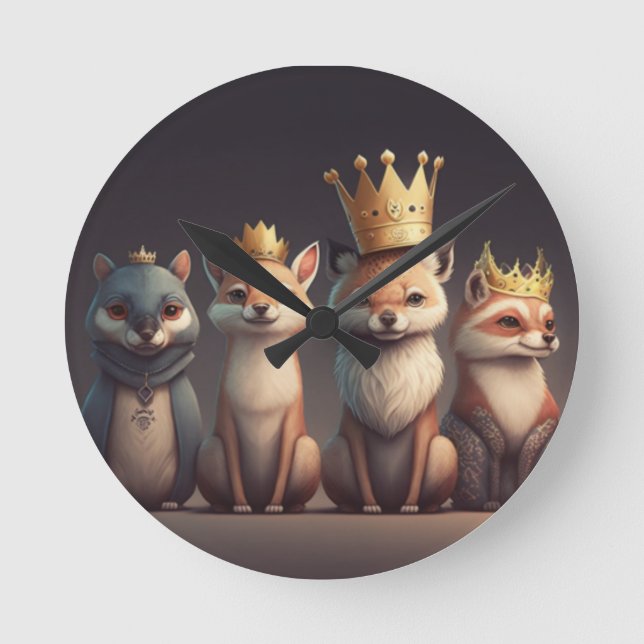 Wildtiere mit Kronen Runde Wanduhr (Vorderseite)