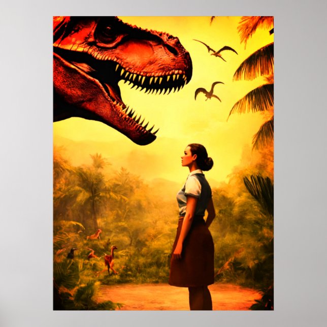 Will the T-Rex Get the Girl in the Forest on Wall Poster (Vorne)