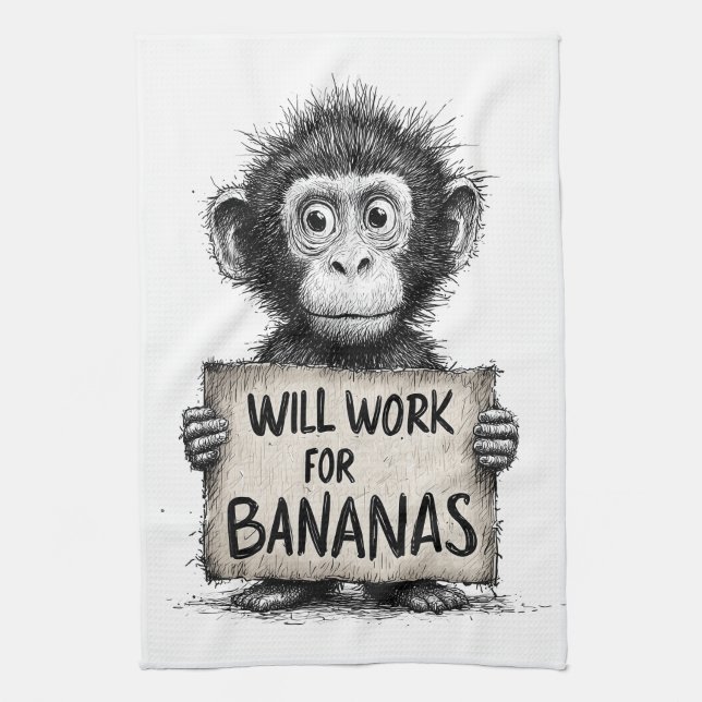 Will Work for Bananas - Humorous Monkey Sketch Geschirrtuch (Vertikal)
