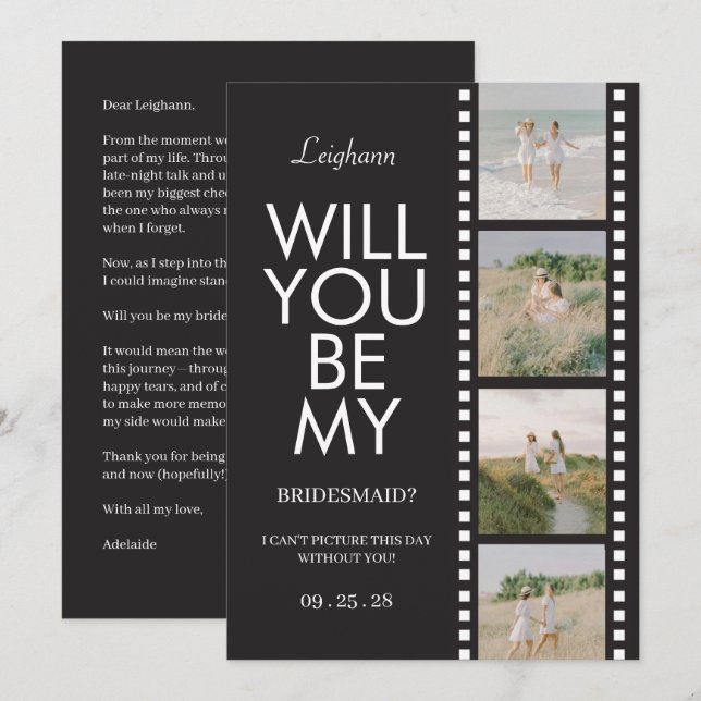 Will You Be My Bridesmaid Photo Black Reel Einladung (Vorne/Hinten)