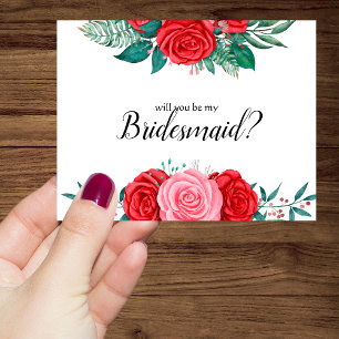 Will you be my bridesmaid Red Rose Watercolor Einladung