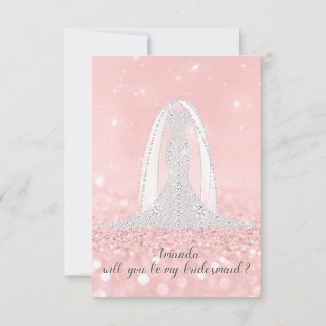 Will you Bridesmaid Glitzer Grau Dress Pink Veil Einladung (Vorderseite)