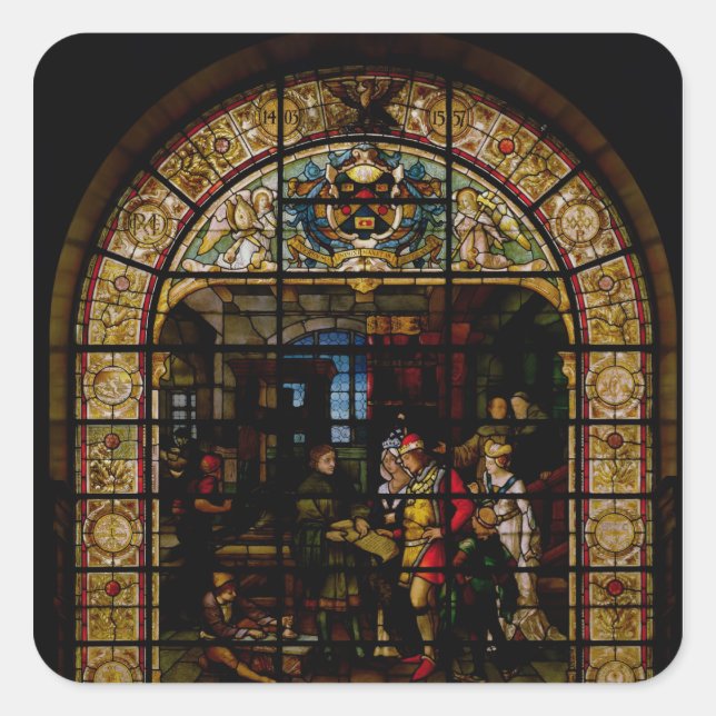 William Caxton zeigt sein erstes gedrucktes Buch Quadratischer Aufkleber (Vorderseite)