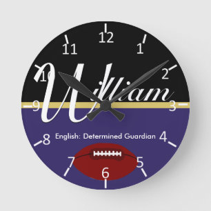 William Football Lila Schwarz und Gold Runde Wanduhr
